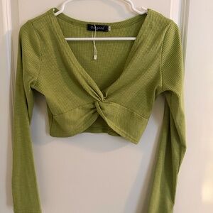 Ribbed Twist Front Crop Top in Green